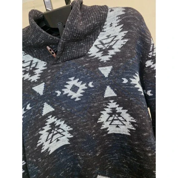 Trash Nouveau Shawl Collar Pullover Sweater — Black & Gray Aztec Knit — XL 2000s - Picture 4 of 11